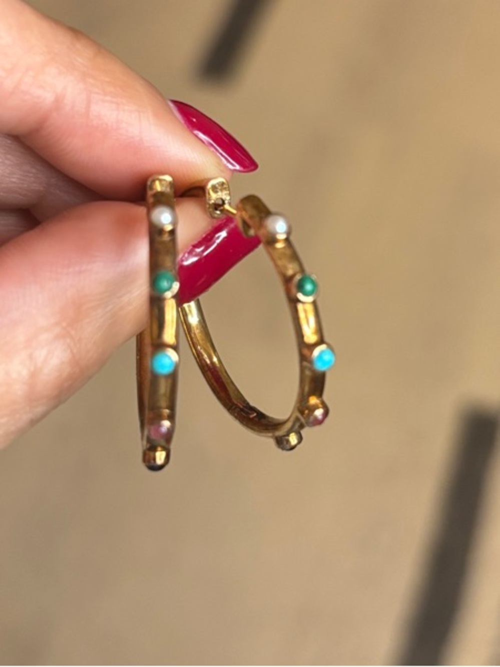 Tous Gold Hoop Earrings with Turquoise, Green and Pink Accents